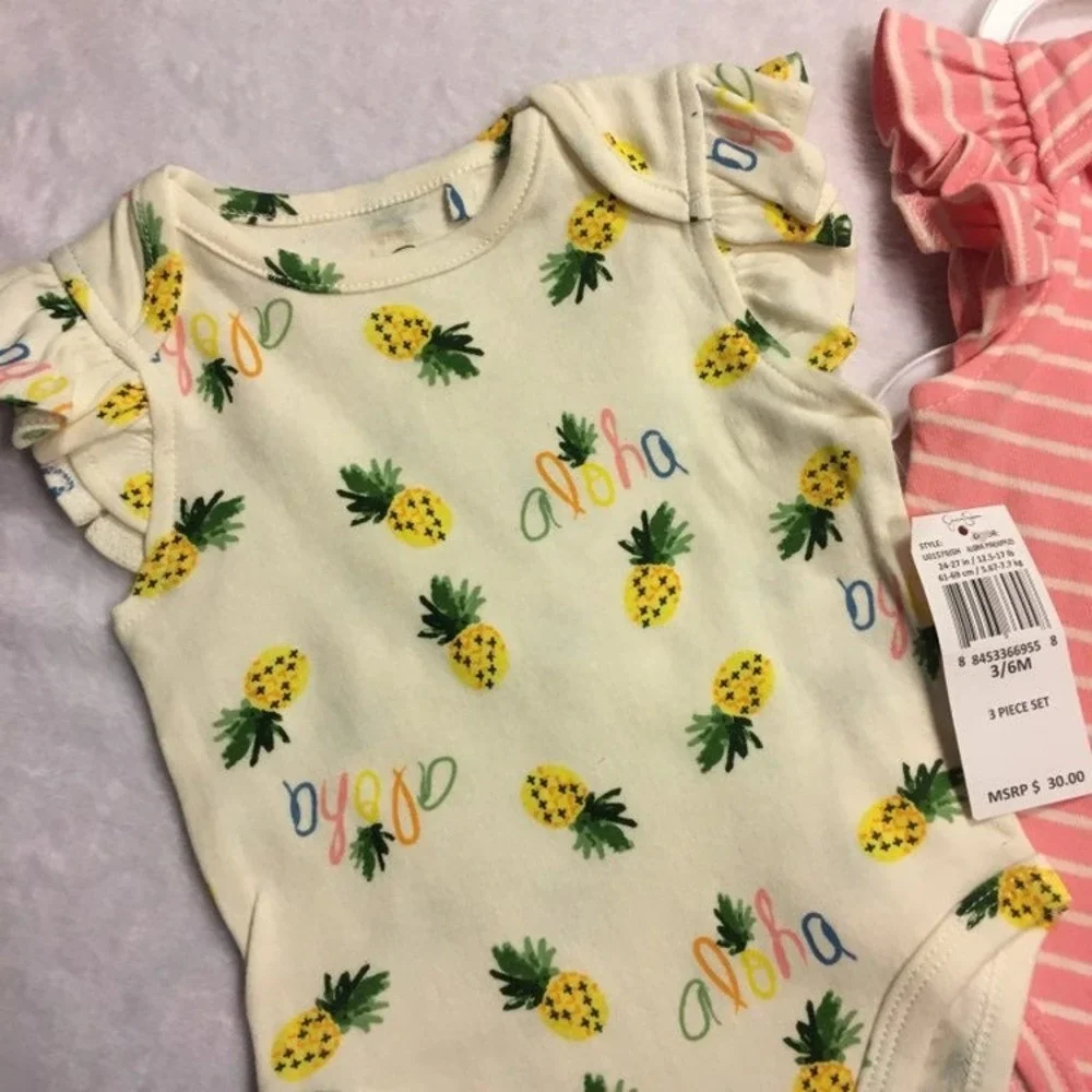 Jessica Simpson Bodysuit Set Kids 3/6M Pink Yellow White NEW Pineapple Aloha 3pc